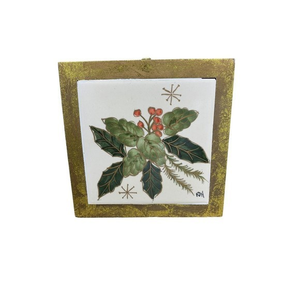 Kathy Hatch Classic Christmas Wooden Tile Trivet Holly Berries And Leaves‎